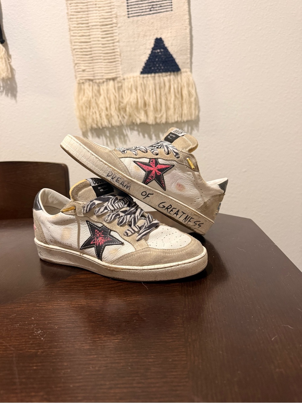 Golden Goose Beige Sneakers with Pink Star